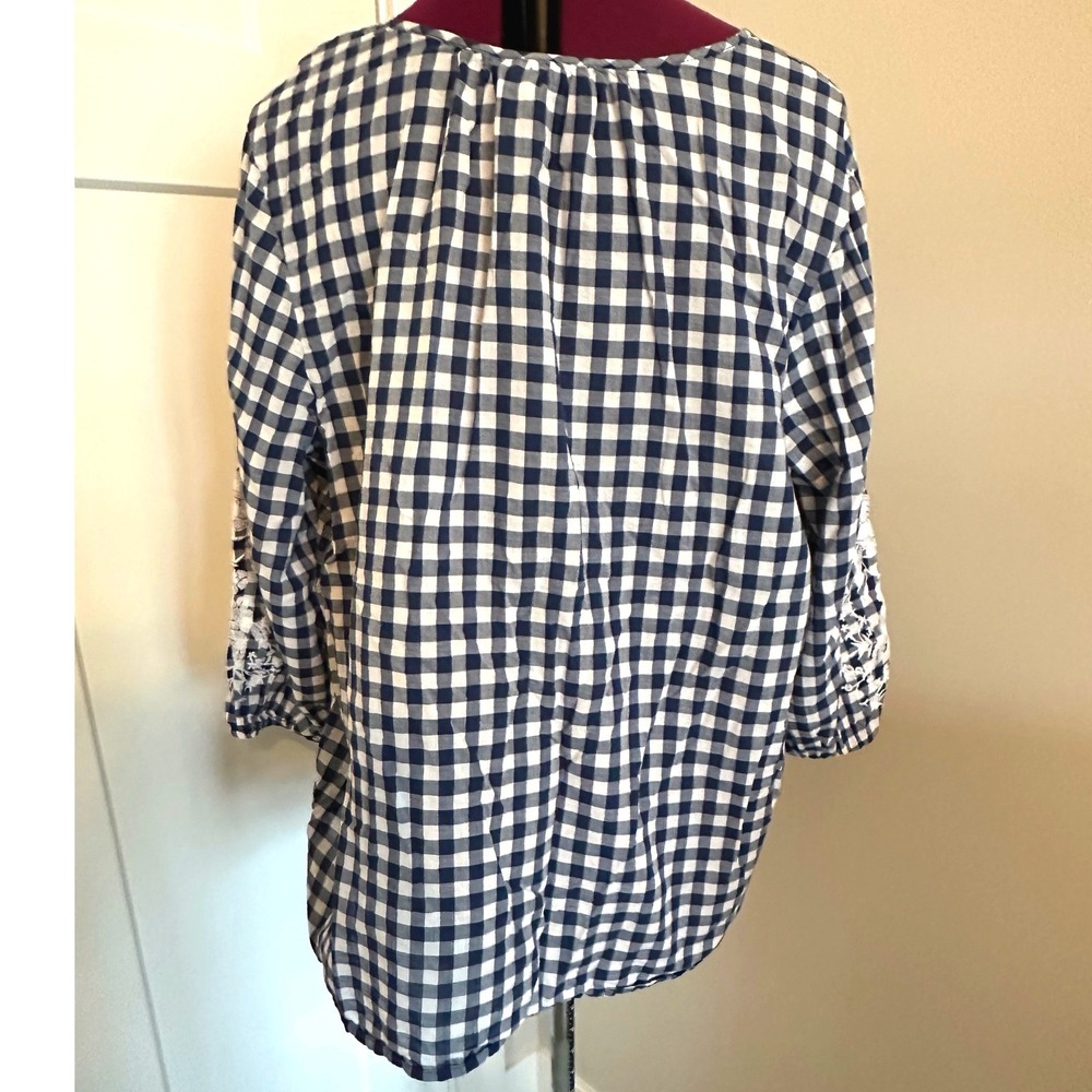 Liz Claiborne Blue Gingham Embroidered Cotton Blouse XL Peplum/Floral/Country - Picture 5 of 6